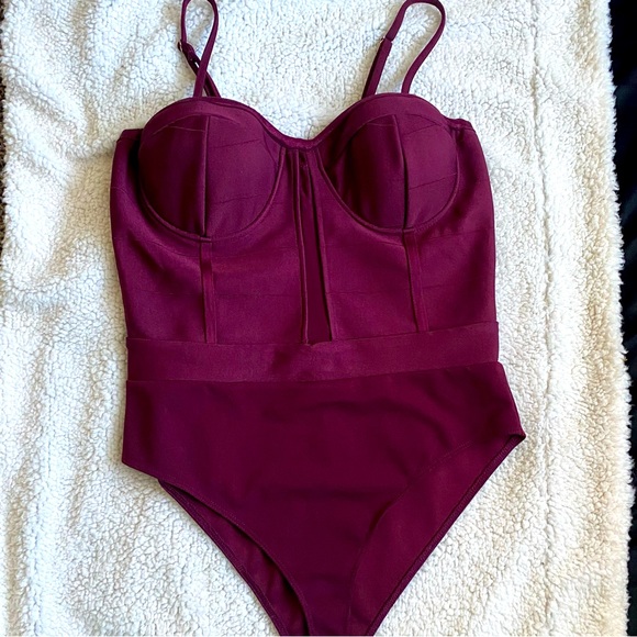 Wine colored Spaghetti strap balcony top body suit - Picture 1 of 5